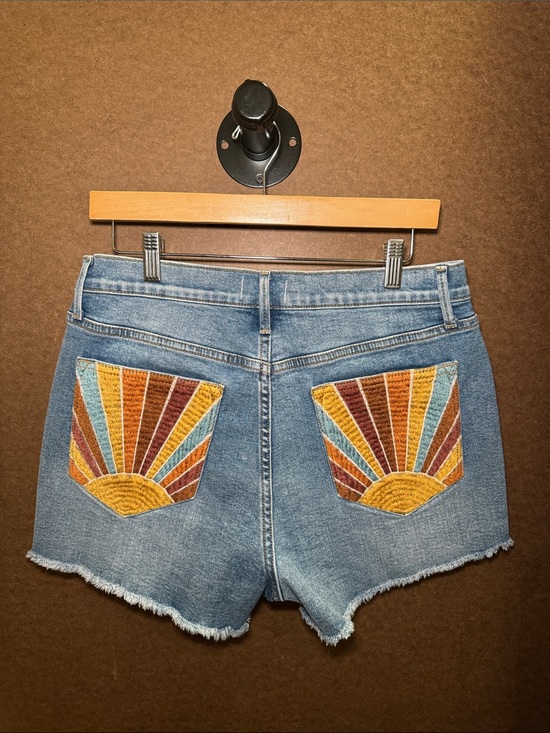 DRIFTWOOD Pants - Women's Light Blue Denim Shorts with Embroidered Sunburst Pockets
